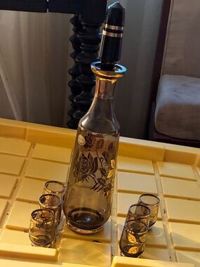 Amber Glass Decanter Set Vintage Mid Century Set Complete Fragile Used Pre Owned